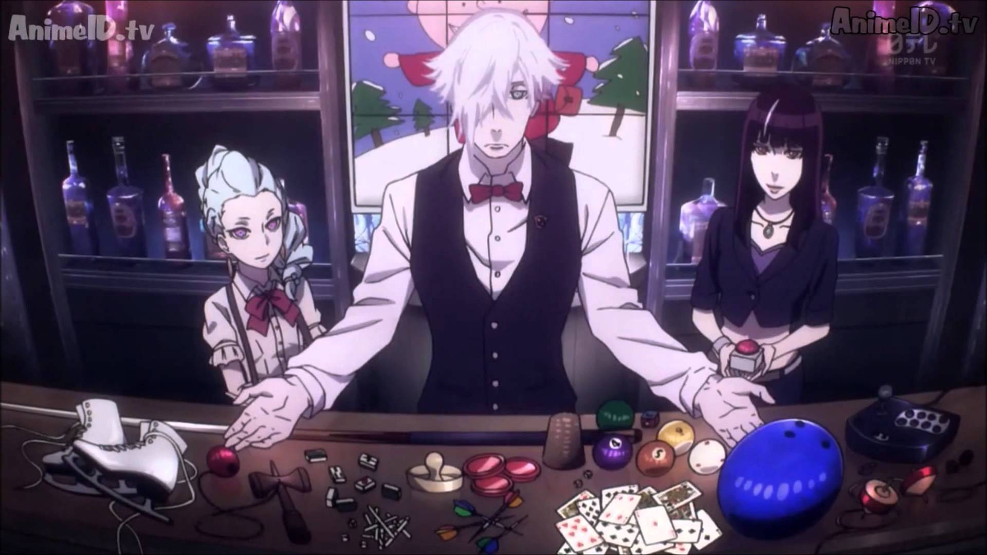 Arbiters, Nona and Decim, and human assistant Chiyuki with bar games displayed on the bar table in front of them.
