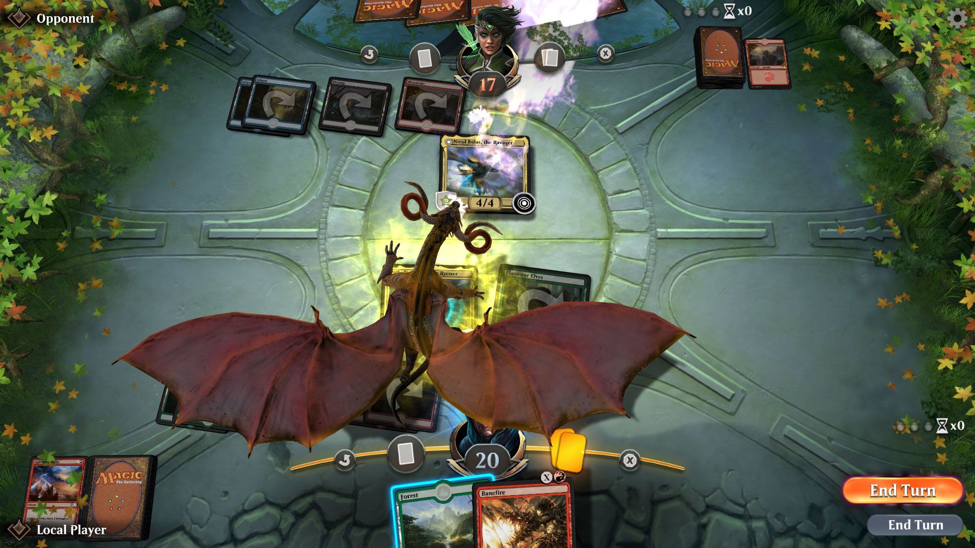 A screenshot of Magic: the Gathering Arena with a gigantic dragon emerging from a card. 
