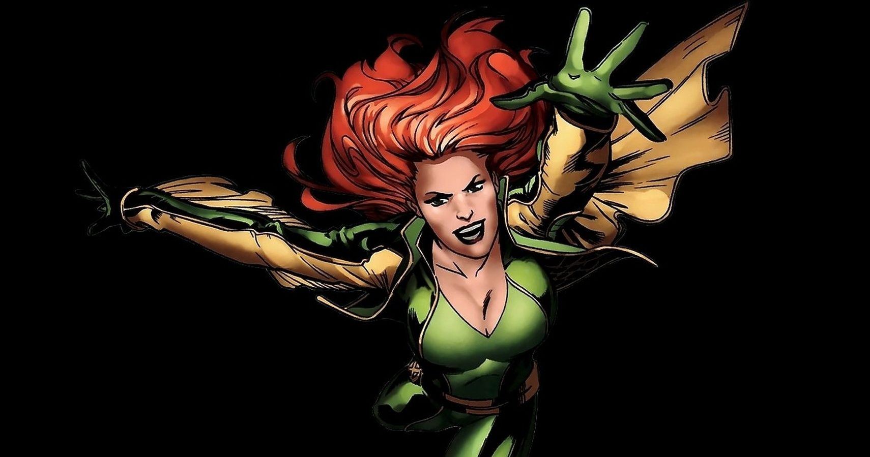 Theresa Cassidy soars forward with her arms out and red hair flowing. She is wearing her green and yellow superhero costume, complete with a cape.