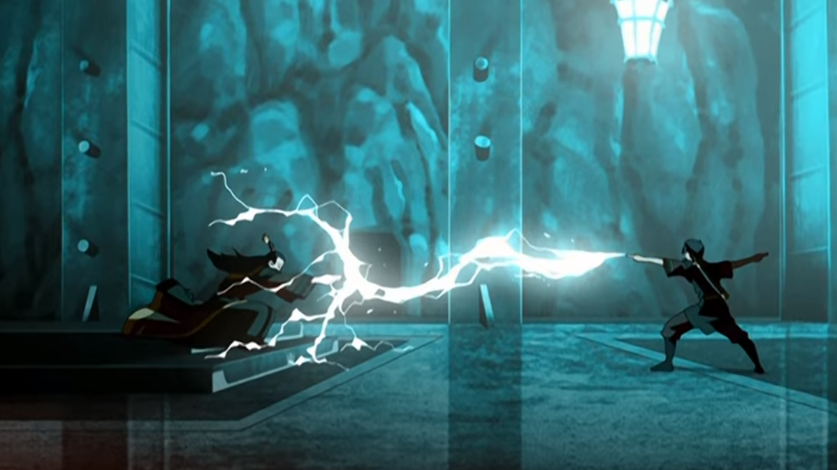 Zuko redirects Ozai's lightning.