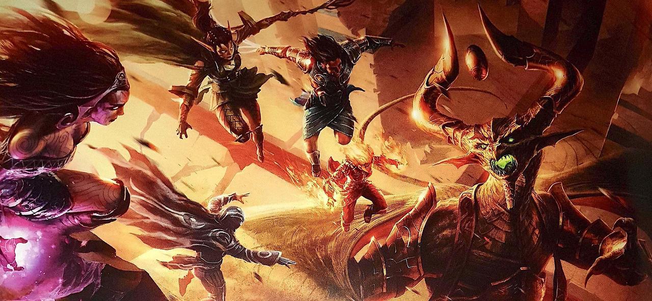 Plansewalkers Liliana, Nissa, Jace, Gideon, and Chandra facing off against the gigantic dragon Nicol Bolas. 