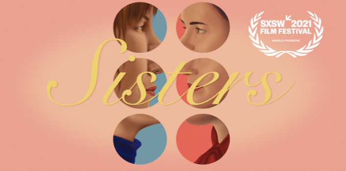 A pink background with two rows of circles with three circles each. On the left is the images of a woman in a blue turtleneck while the right circles show a woman in a red blouse. The yellow words "sisters" are placed across.