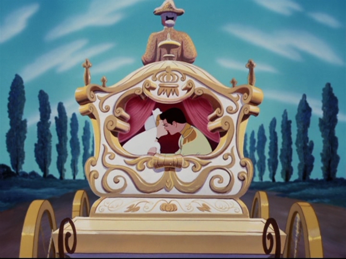 Cinderella and Prince Charming are riding off in a decorative carriage while kissing at the end of the film.