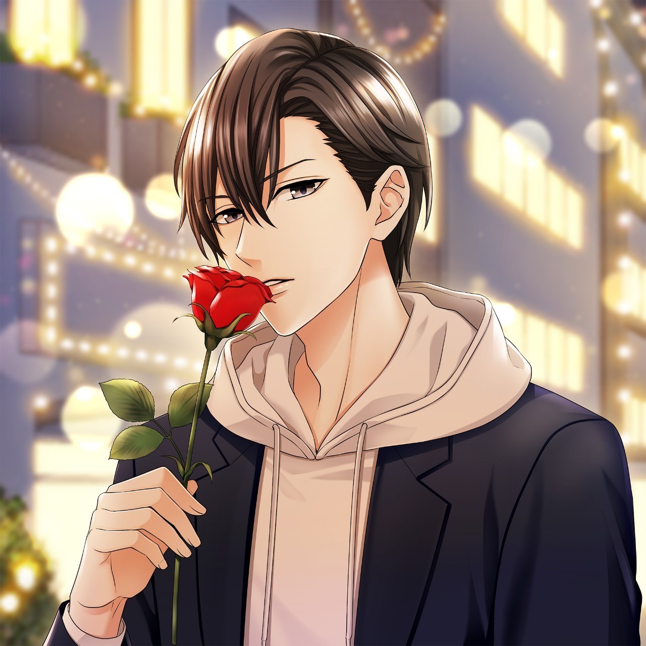 Dr. Kasumi from Voltage's Romance MD as he smells a rose. 