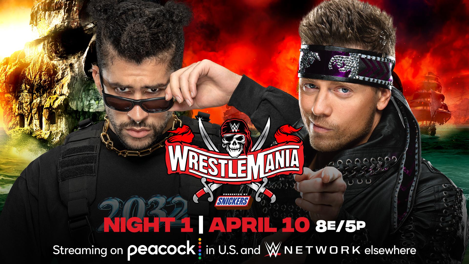 WWE's Wrestlemania 37 poster promoting Bad Bunny's match scheduled for Night 1 on April 10th, 2021.