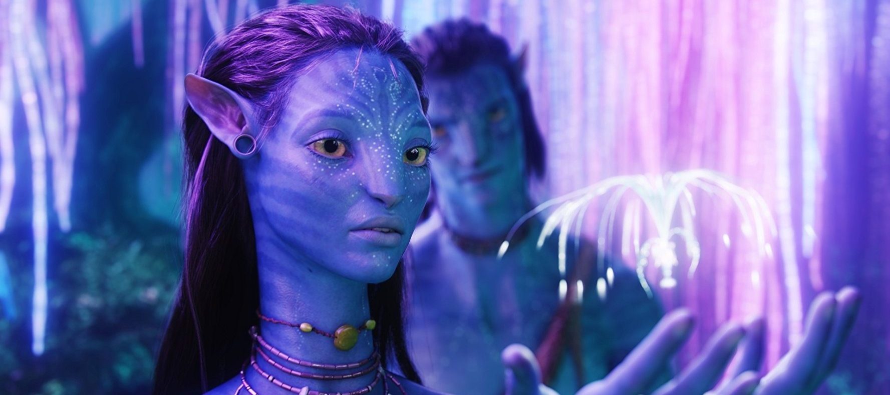 Neytiri, one of the native Na'vi, explains the significance of a native flora to Jake Sully (in Avatar form) in James Cameron's adventurous sci-fi 'Avatar,' 2009.