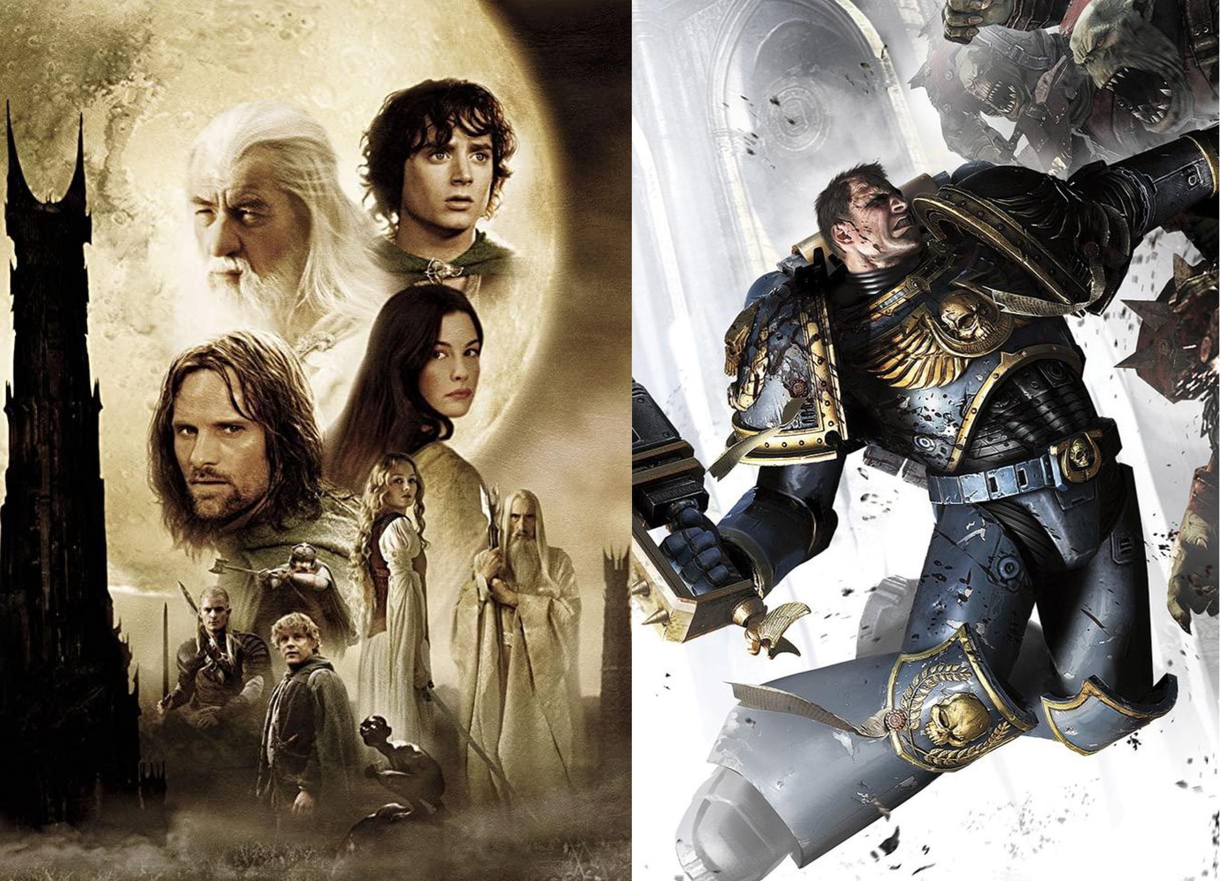 The cast of Lord of the Rings side-by-side with a space marine from Warhammer 40,000. 