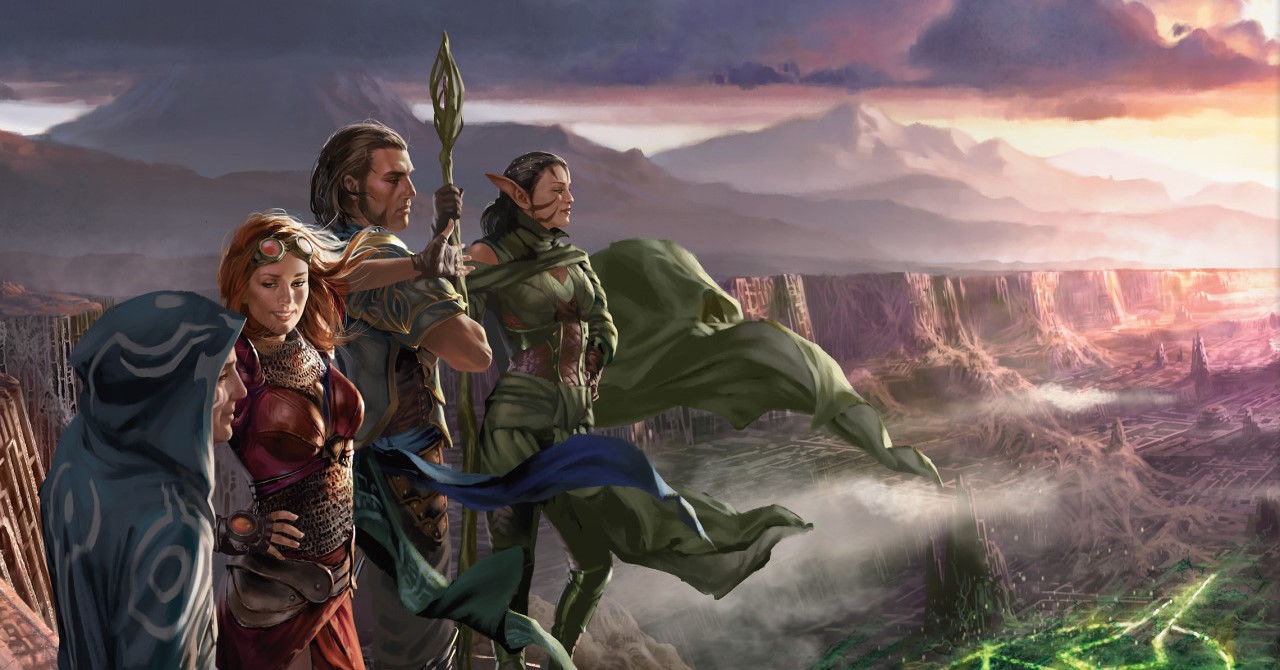 Plansewalkers Jace, Chandra, Gideon, and Nissa look out over Zendikar