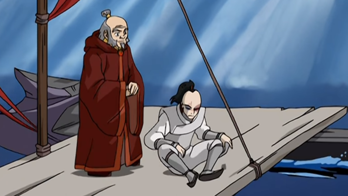 Zuko listens to Iroh and rests after his failure to capture Aang at the end of Book One.