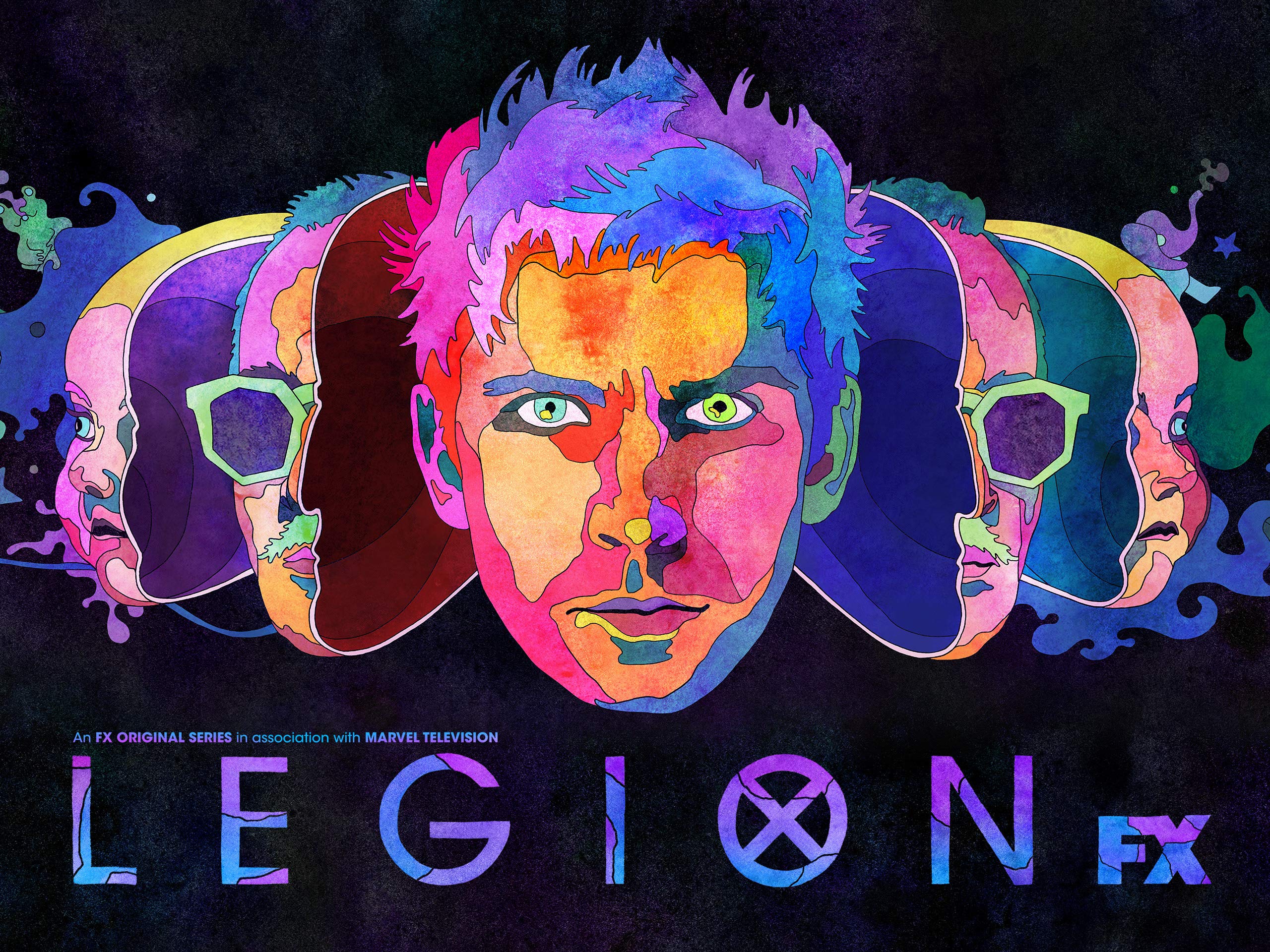 A promotional image for Legion, showing David's face in neon colors. ON either side of his face are abstract images depicting split versions of peoples' faces, including a mustached man and an infant. The show's name is written across the bottom of the page in blue. (Photo by FX and Marvel.)
