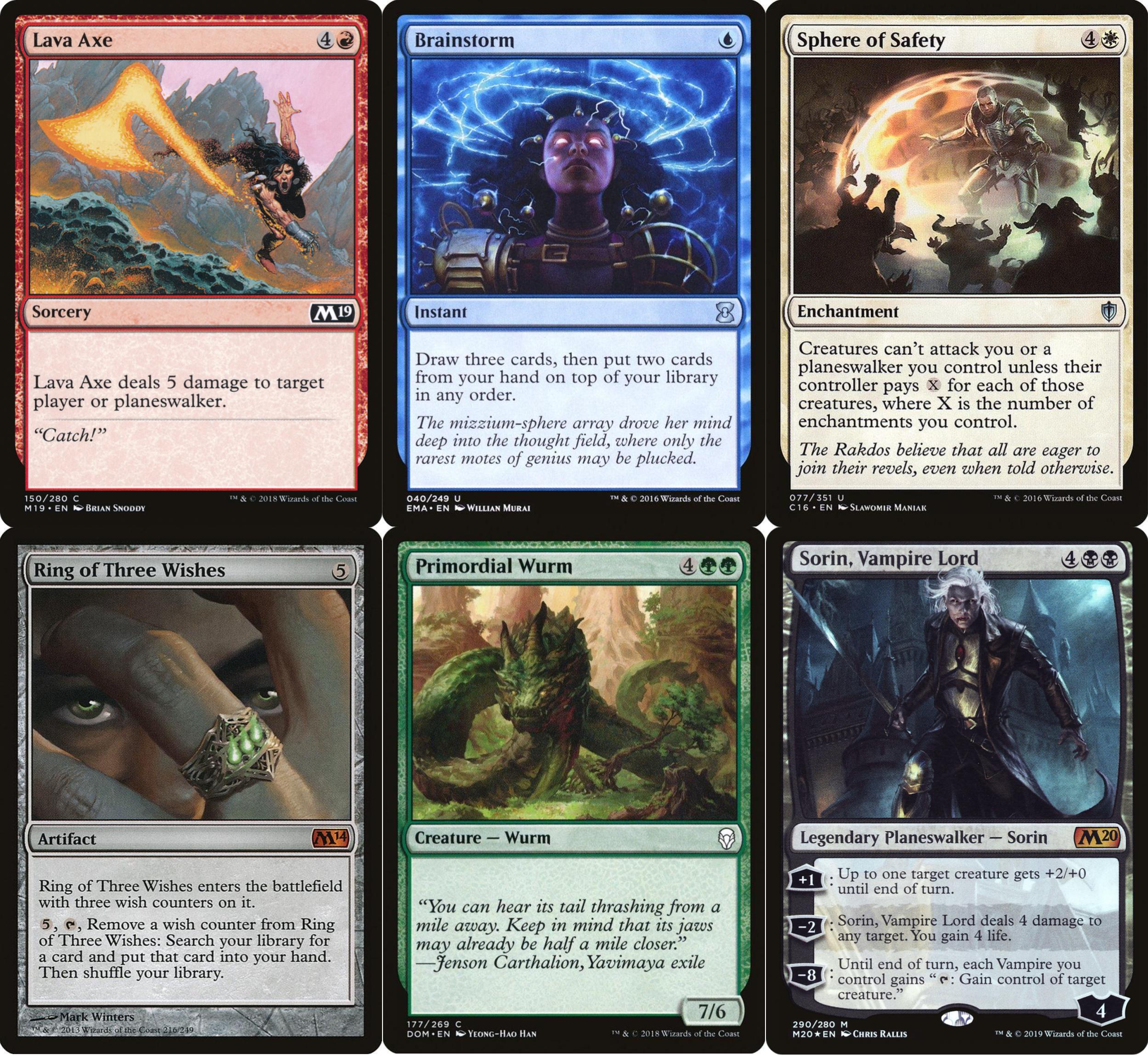 The Magic: the Gathering cards Lava Axe, Brainstorm, Sphere of Safety, Ring of Three Wishes, Primordial Worm, and Sorin, Vampire Lord