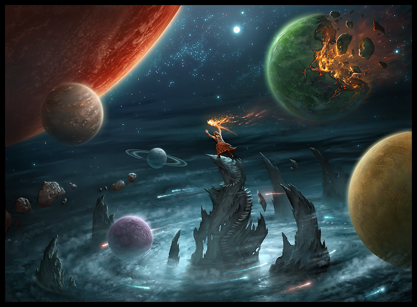 A mage stands on a spire surrounded by planets.