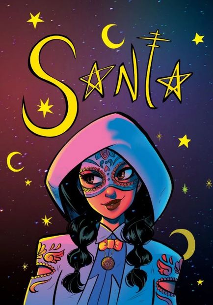 Santa, one of the latina supheroes of La Brava, standing against a  blue-red night sky with yellow stars and moons.