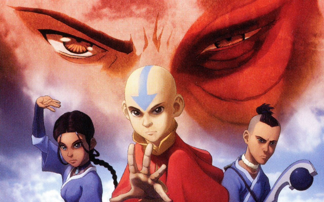 Aaang, Katara, and Sokka pose for Book One of Avatar: The Last Airbender as Zuko looms in the background.