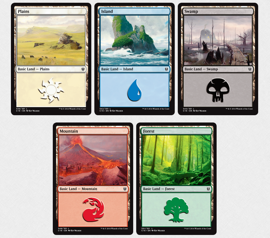 The five basic land types of Magic: the Gathering: Plains, Island, Swamp, Mountain, and Forest. 