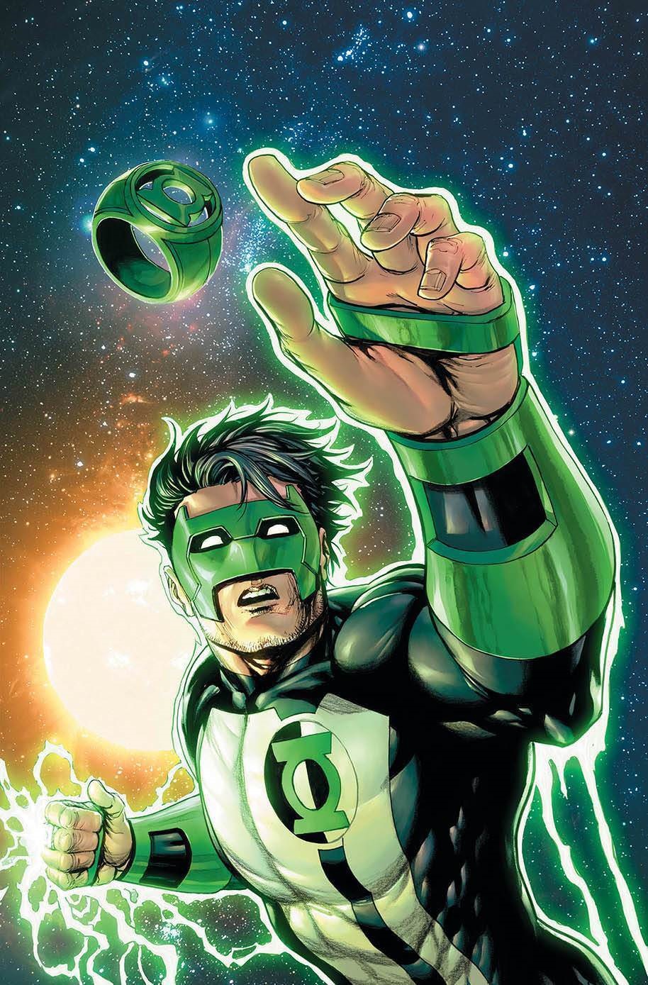 Green Lantern Kyle Rayner reaches for a green power ring in the depths of outer space. He dons a green mask with his black, white, and green uniform. His own ring glows with power. 