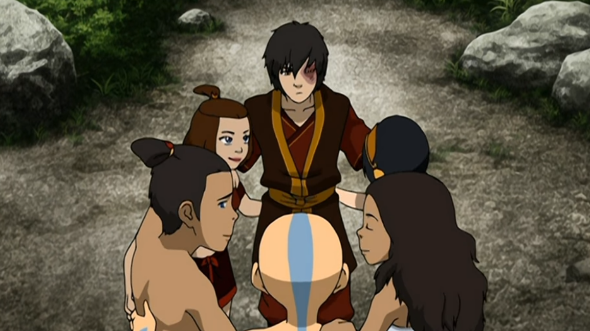 The Gaang engages in a pre-battle hug (from the bottom left: Sokka, Suki, Z...