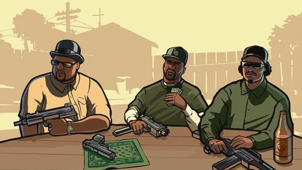 Big Smoke (left), Sweet Johnson (center), and Ryder (right) sit at a table outside. Each man is holding a gun.