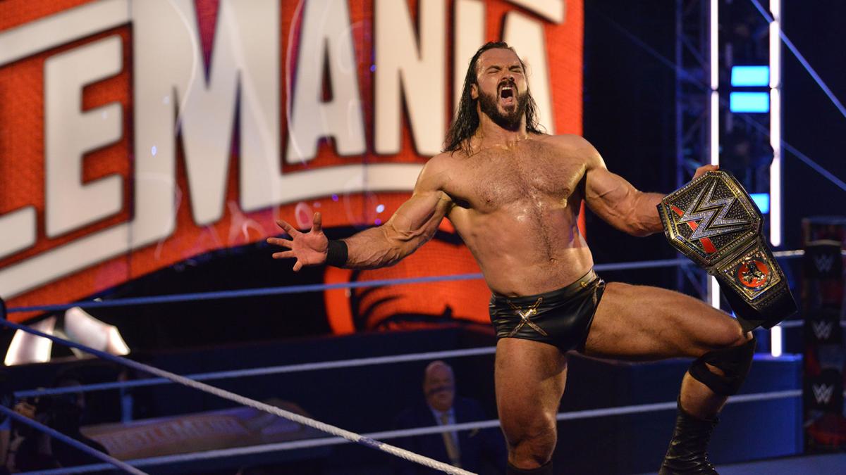 Drew McIntyre howling in excitement after defeating Brock Lesnar at Night Two of WrestleMania 36. (WrestleMania 36. 1972-Present. World Wrestling Entertainment.)