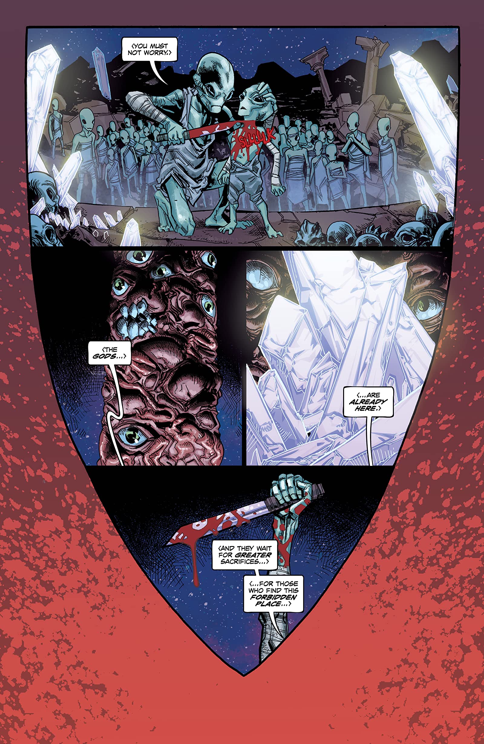 A series of panels (shaped like a shield) show the planet’s native race; one of them is sacrificing its own child by slitting the child's throat at the base of the fleshy monster, next to glowing crystals. 