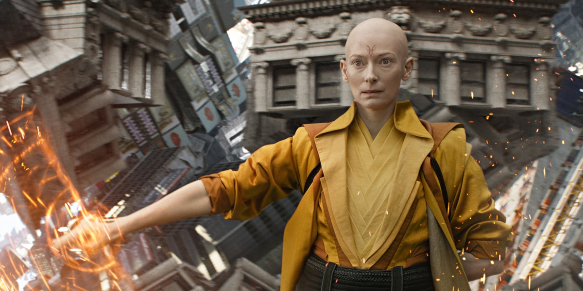 From Doctor Strange (2016): Tilda Swinton as the Ancient One, wearing a saffron-yellow robe, in the Mirror Dimension.