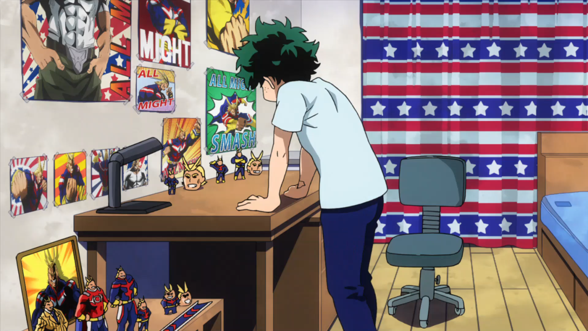 Midoriya (My Hero Academia) standing in his bedroom surrounded by All Might fan merch.