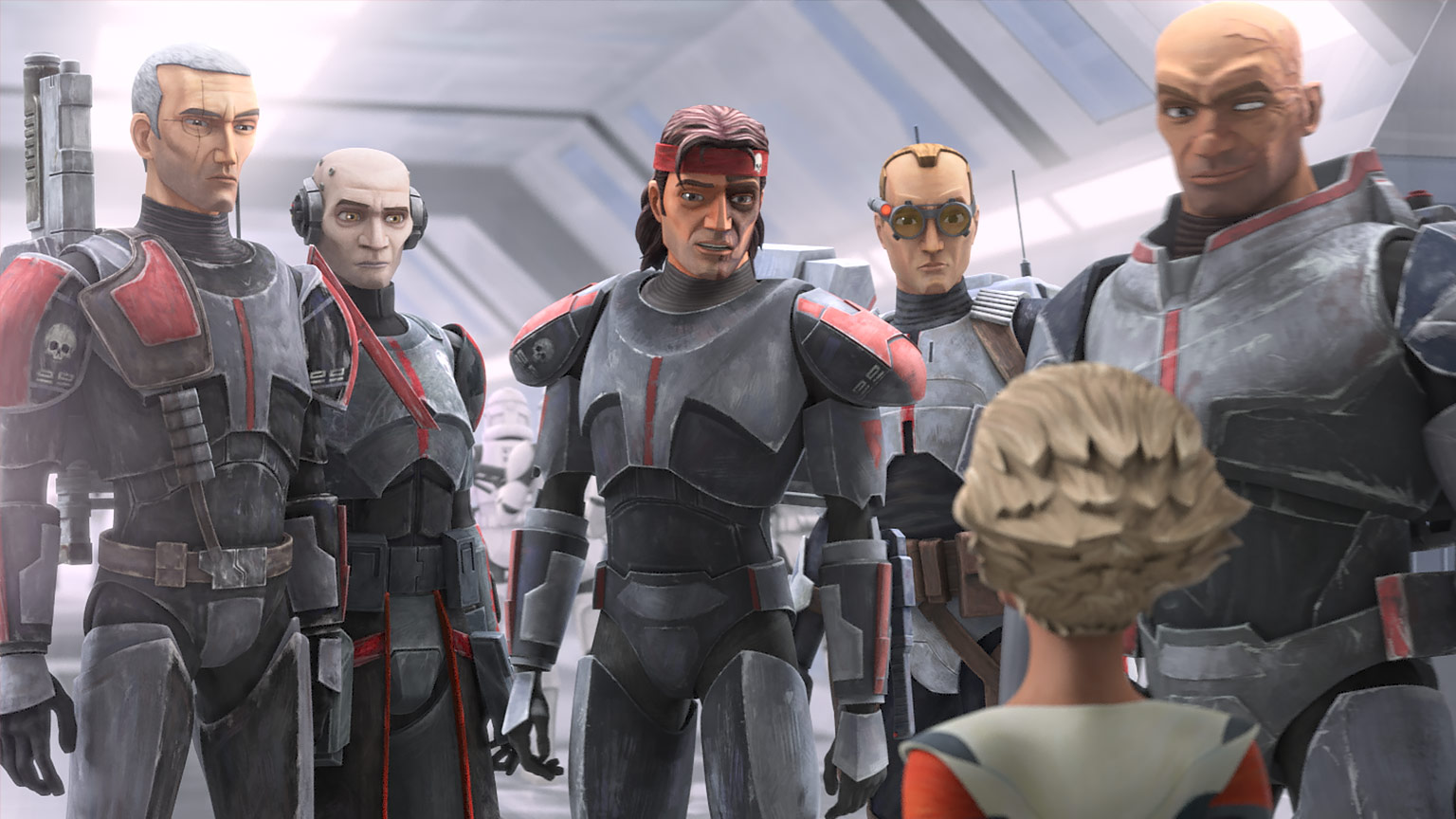 Members of the Bad Batch, from left to right: Crosshair, Echo, Hunter, Tech, and Wrecker. They stand in front of young clone Omega.