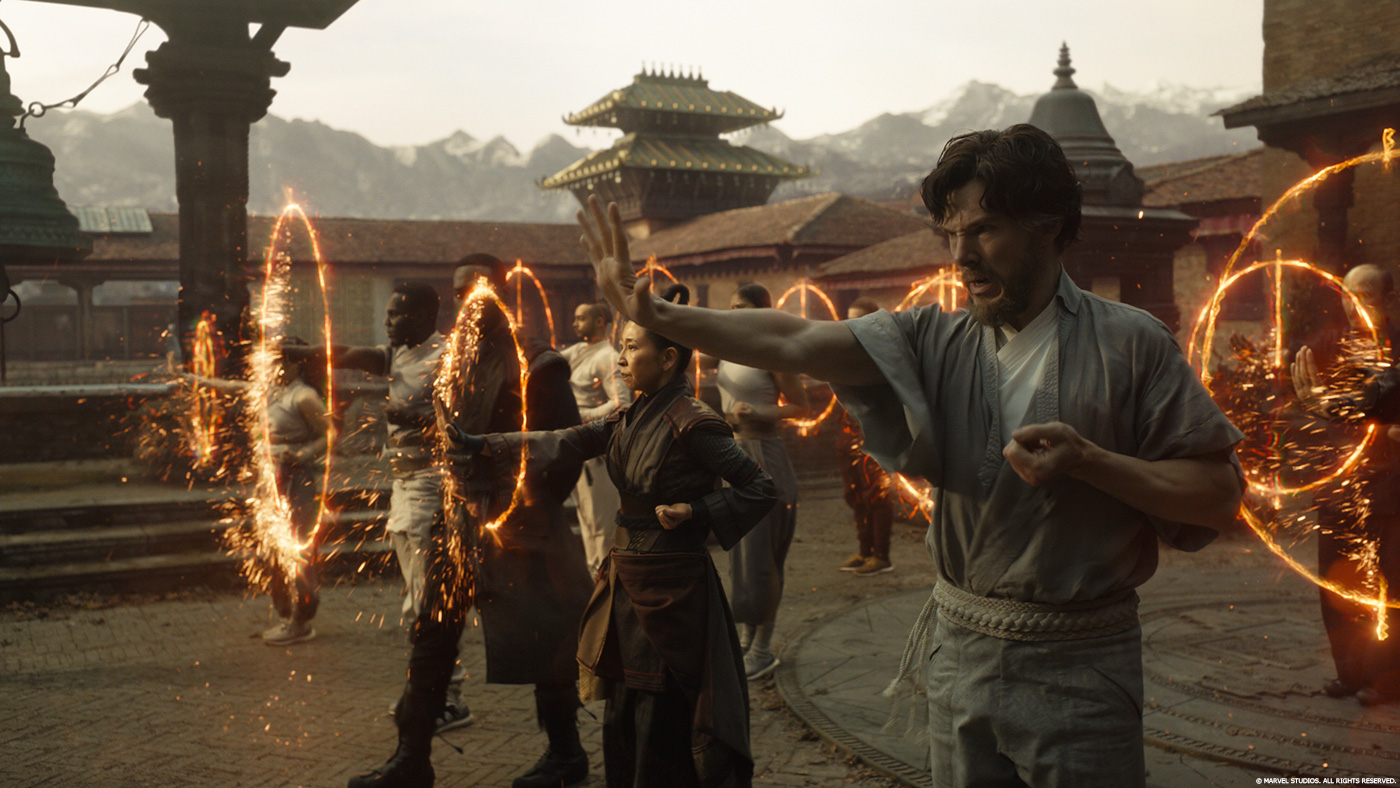 Benedict Cumberbatch as Stephen Strange learning how to perform spells at Kamar-Taj with other students of the mystic arts.