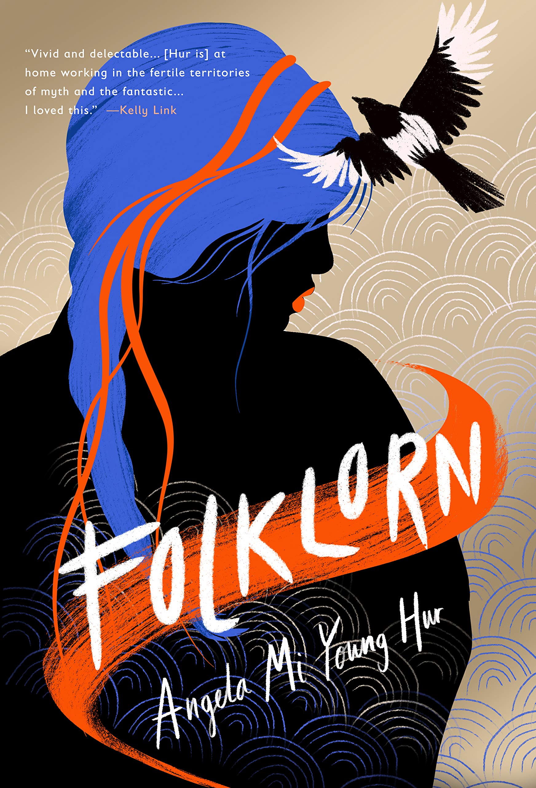 Cover of Folklorn; black silhouette of a woman. Hair is blue with red streak and lips are red. A bird is flying near her head.