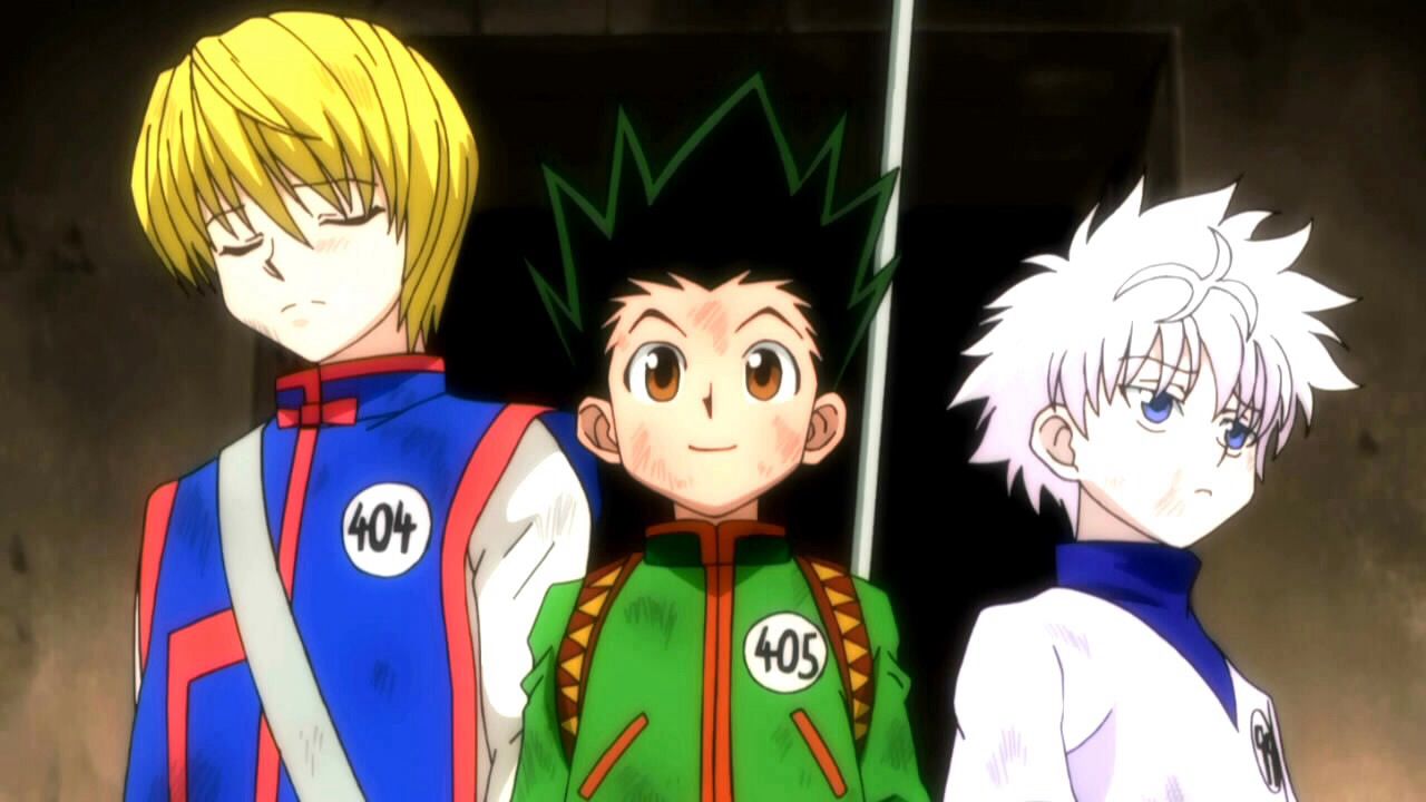 Gon, Kurapika, and Killua emerge from a door, dusty and scuffed from participating in the Hunter Exam (Togashi, Yoshihiro, creator. Hunter x Hunter. 2011-2014. Madhouse.).