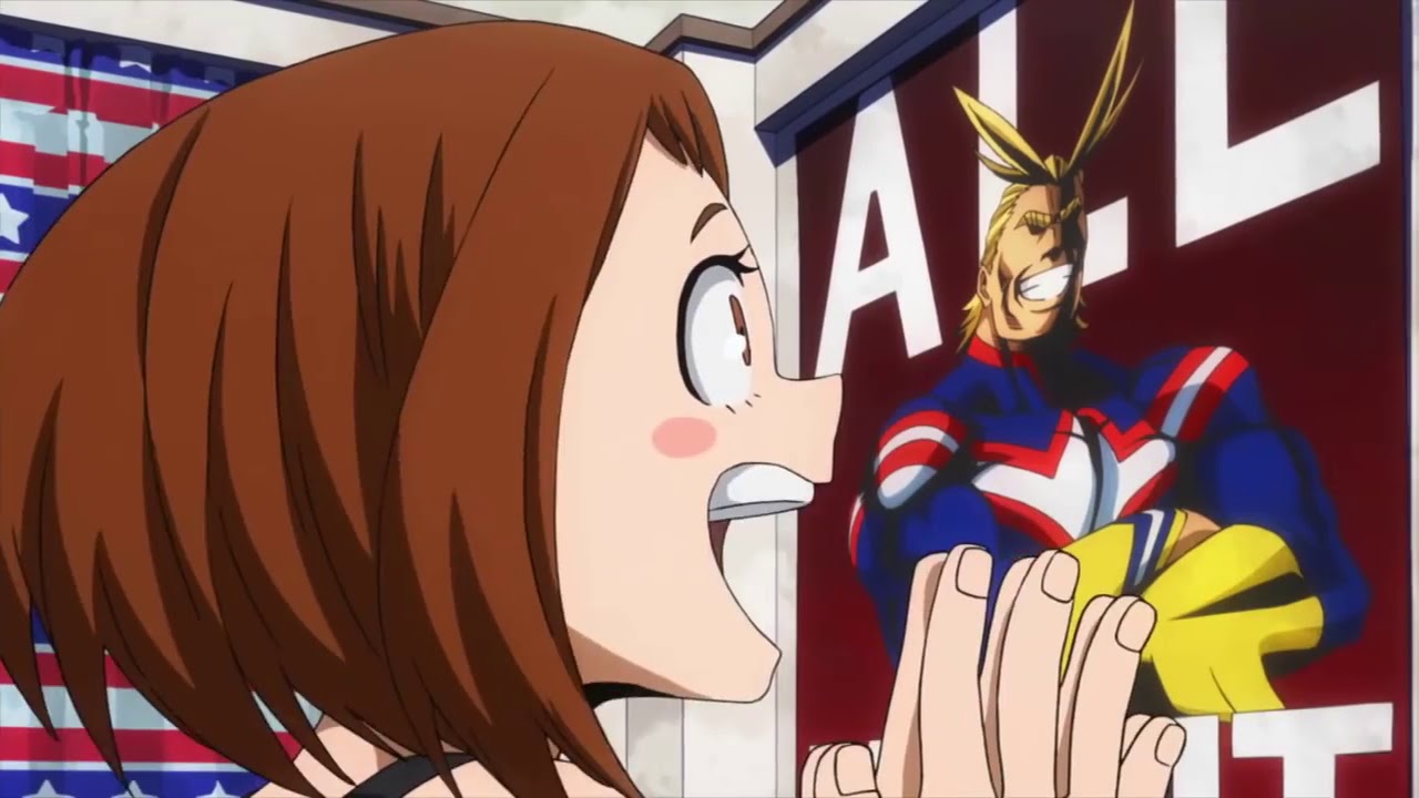 Uraraka (My Hero Academia) excitedly observes Midoriya's All Might fan merch. 