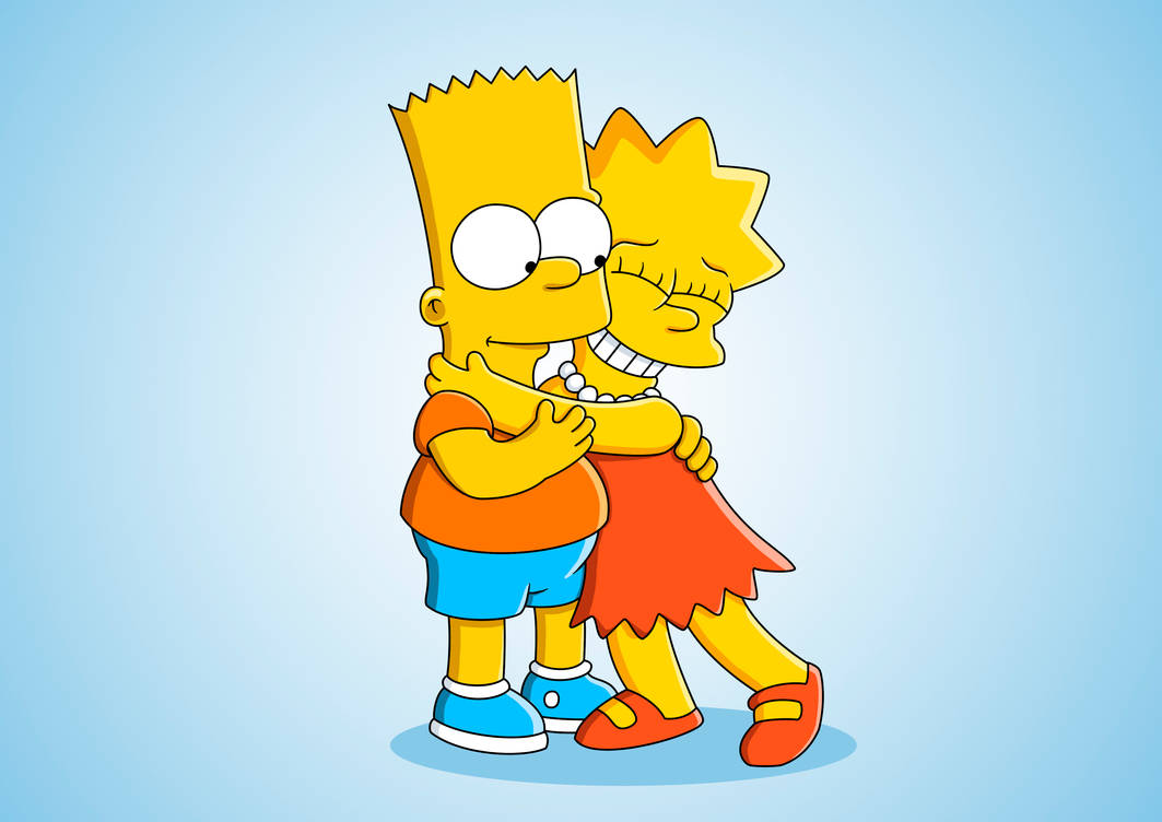 Against a blue background, Lisa Simpson gives her brother Bart a hug.