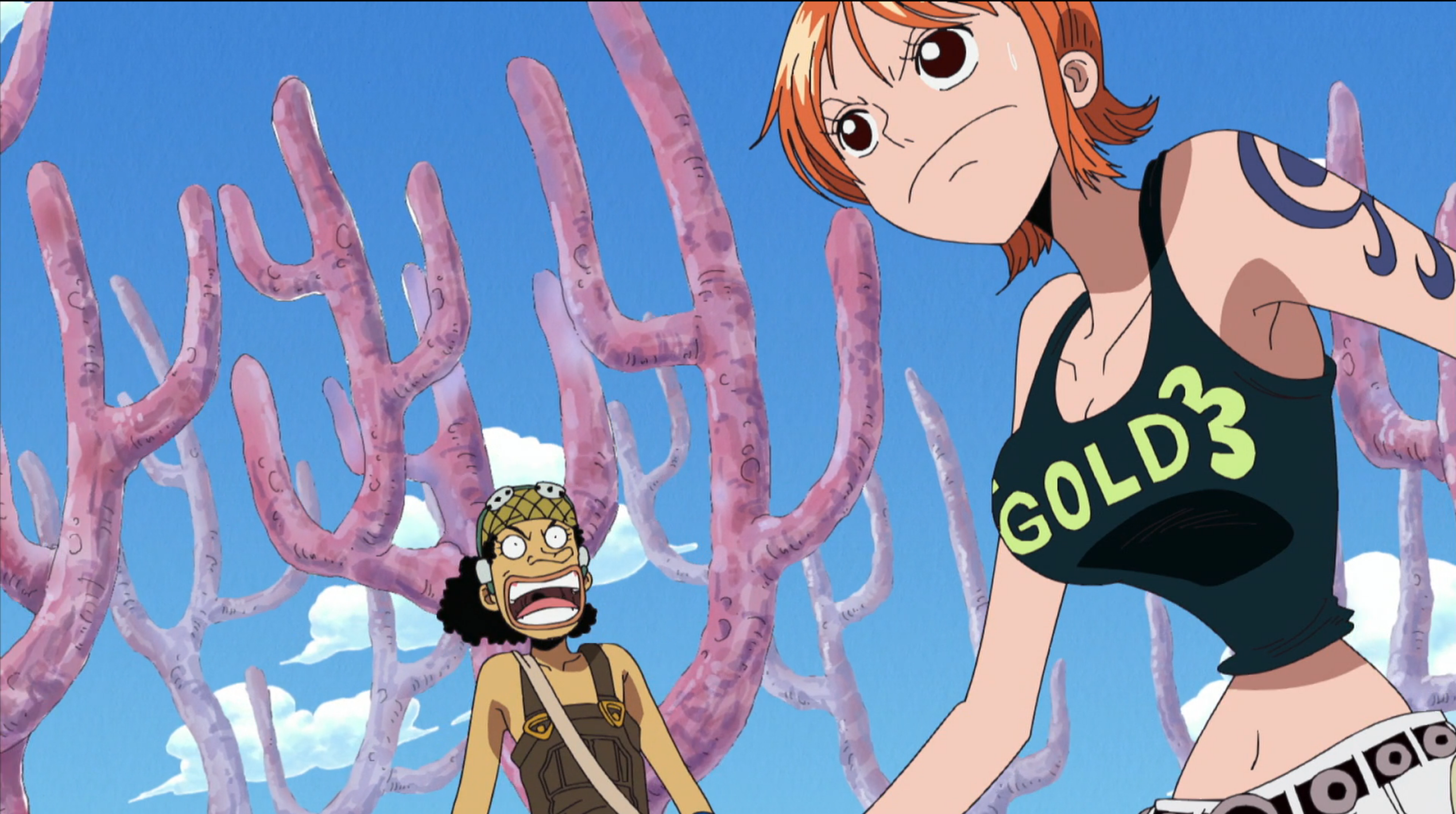 Nami navigates the coral reef as Ussop smiles nervously (Oda, Eiichiro, creator. One Piece. 1999-present. Toei Animation.).