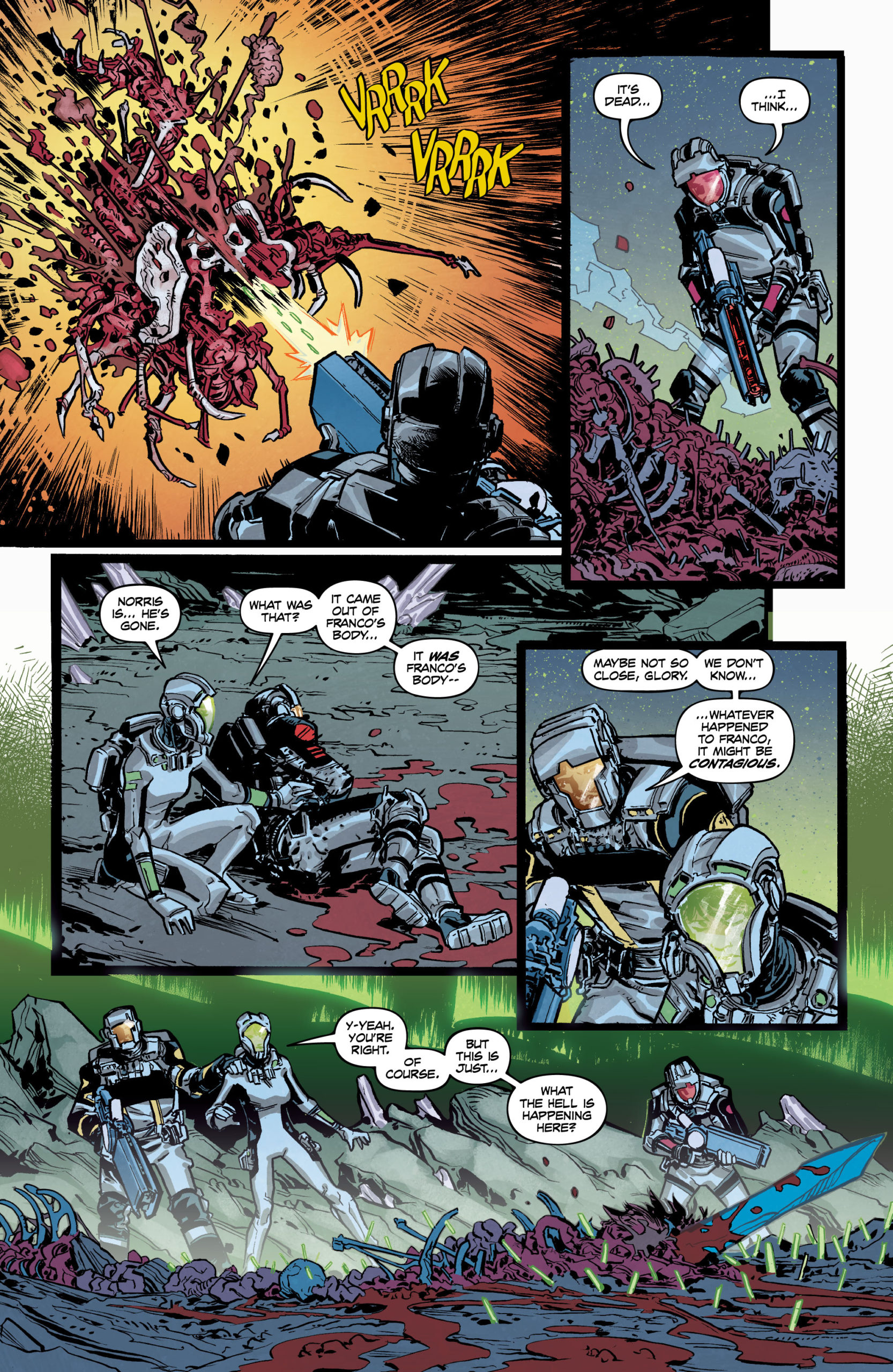 A series of panels shows two crew members in space suits confront and shoot an unknown creature, killing it and leaving a puddle of blood and bone. 