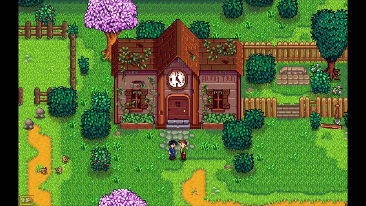 A shot of Pelican Town's Community Center. It is a brown building with a large clock over the door. It is very run-down and covered in vines. In front of it stands the player's character -- the farmer -- and Mayor Lewis. Lewis is a white man with grey hair and a mustache. He is wearing a brown cap, green shirt, yellow tie, and brown overalls.