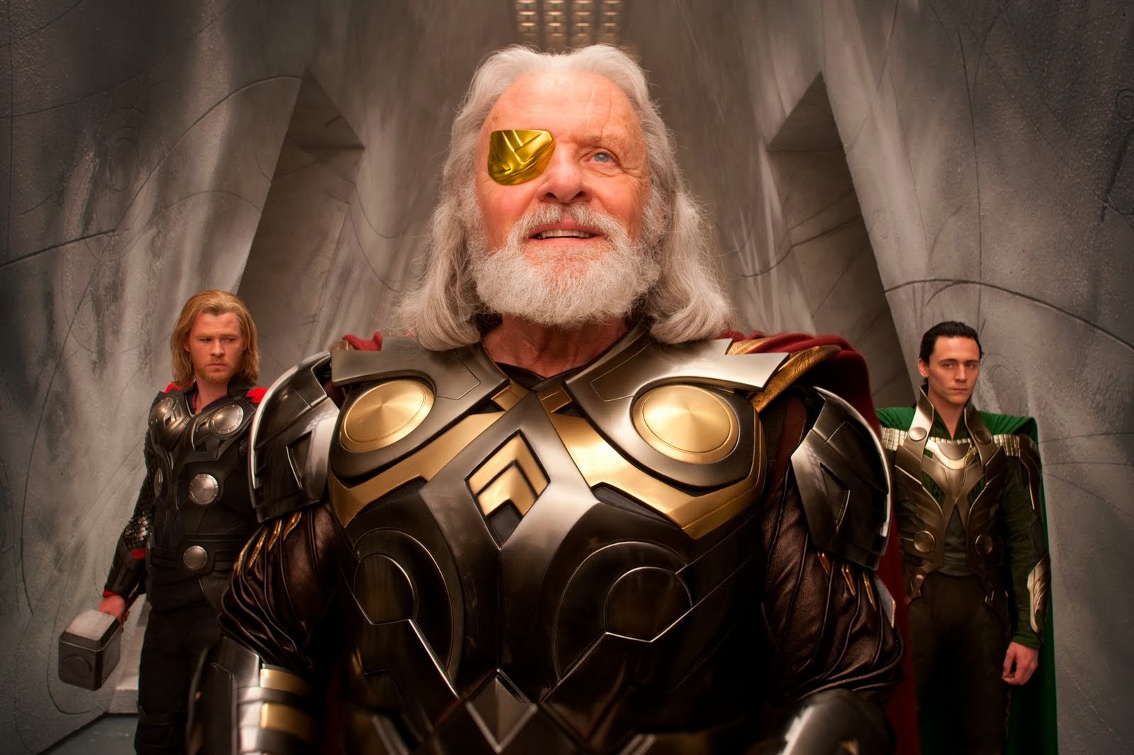 The Asgardians Thor (left), Odin (center), and Loki (right) in Marvel's Thor.