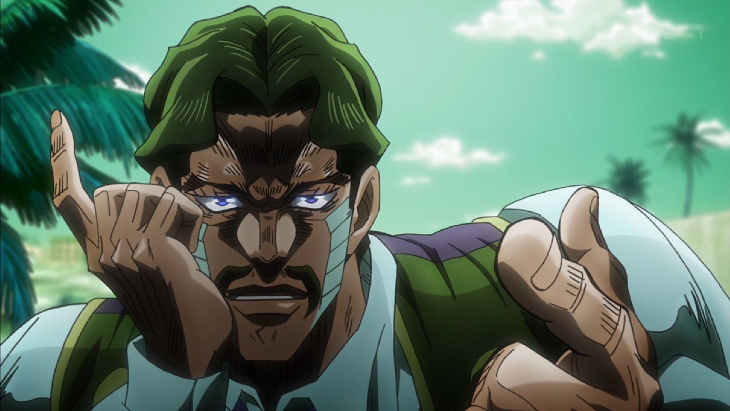 Daniel J D'Arby smiles and points at the camera. (Araki, Hirohiko, creator. JoJo's Bizzare Adventure. 2012-present. David Production.)