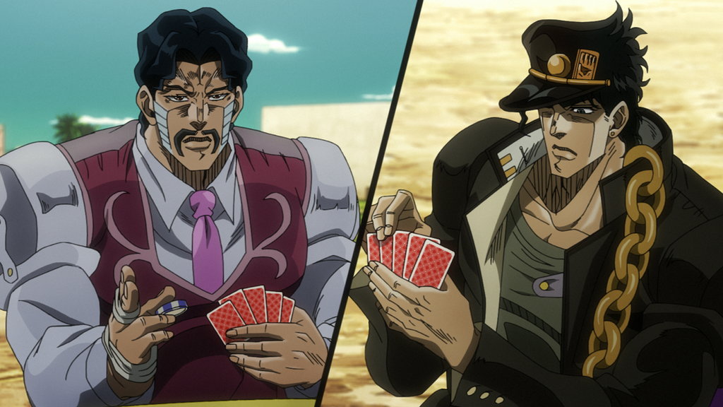 Jotaro faces off against D'Arby at poker (Araki, Hirohiko, creator. JoJo's Bizzare Adventure. 2012-present. David Production.).