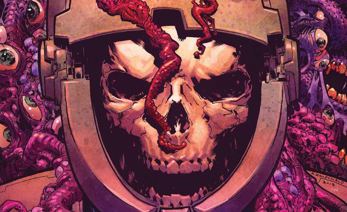 A skull inside a broken space helmet is consumed by a fleshy jumble of tentacles on the cover of Rogue Planet.