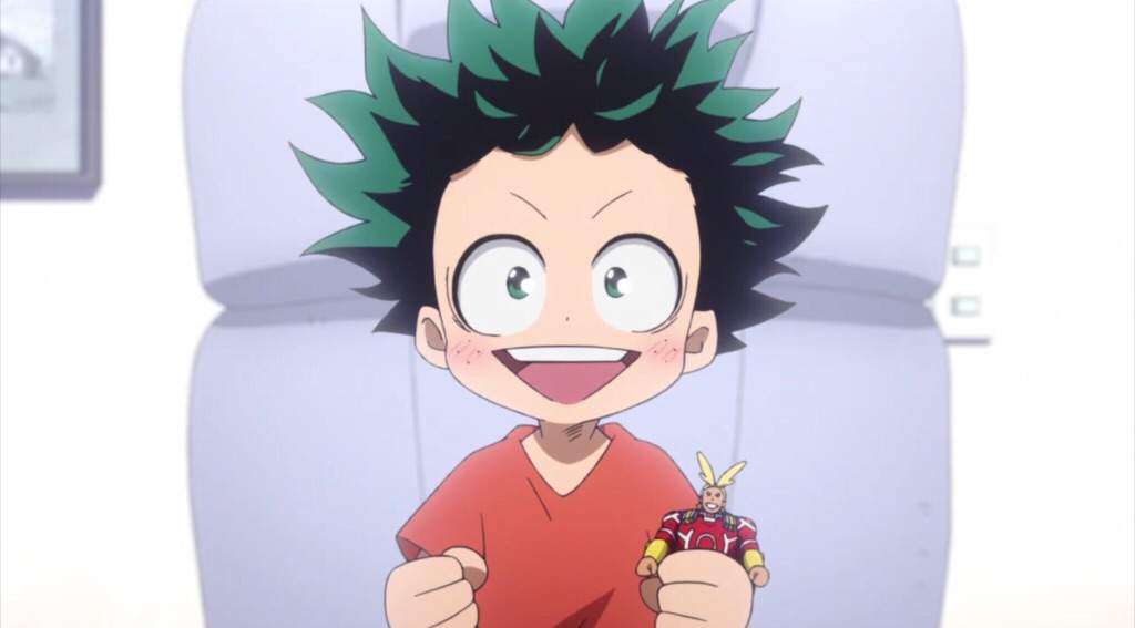 A young Deku (My Hero Academia) holds an All Might action figure as he excitedly watches the hero on TV.