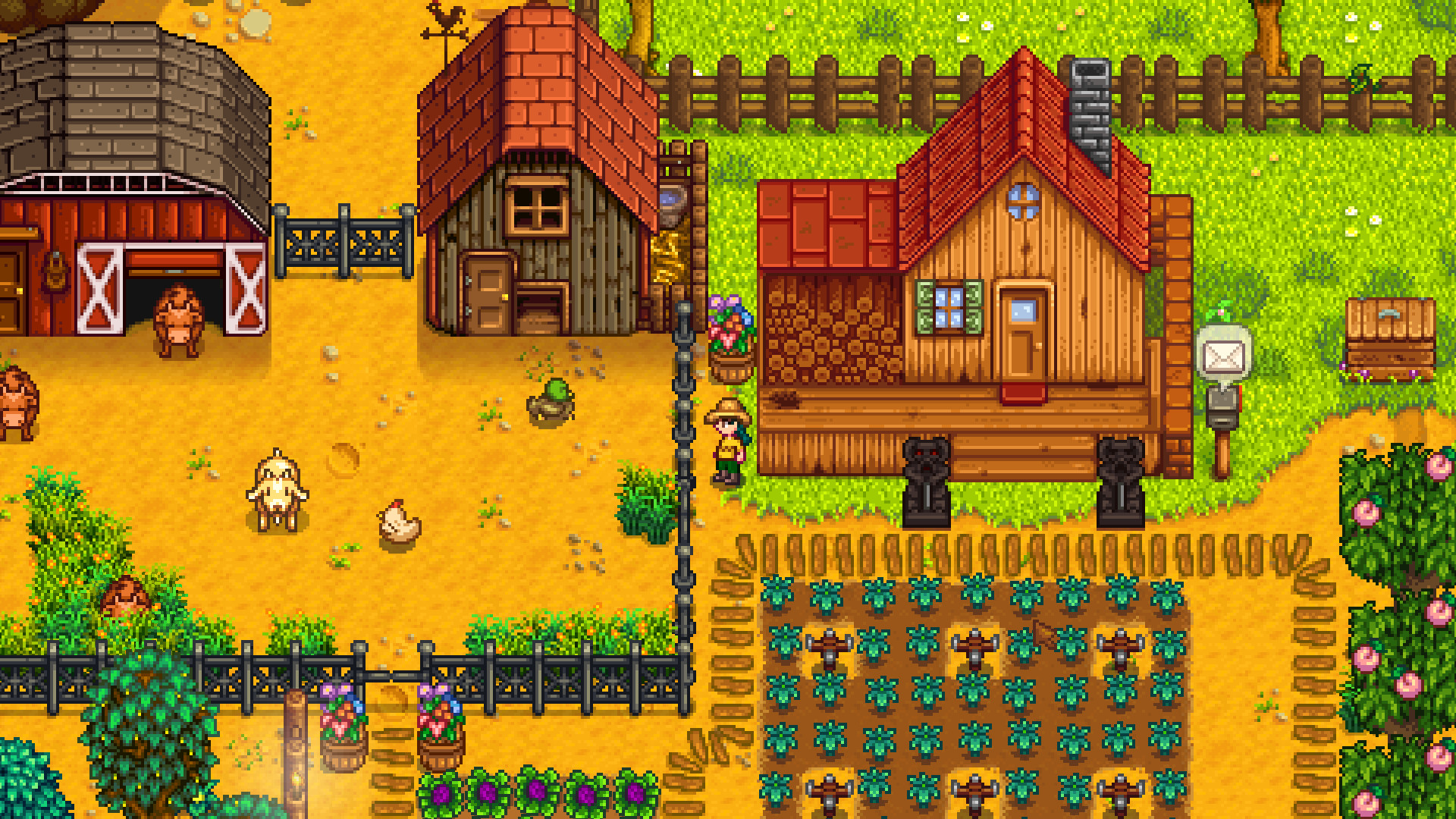 A portion of the farm from "Stardew Valley" can be seen. There is a ramshackle house, a chicken coop, and part of a barn visible, as well as crops and a few livestock.