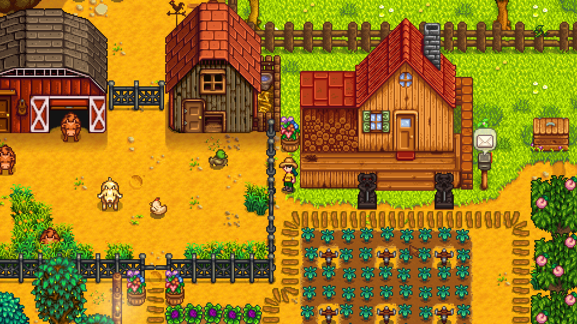 A portion of the farm from "Stardew Valley" can be seen. There is a ramshackle house, a chicken coop, and part of a barn visible, as well as crops and a few livestock. 