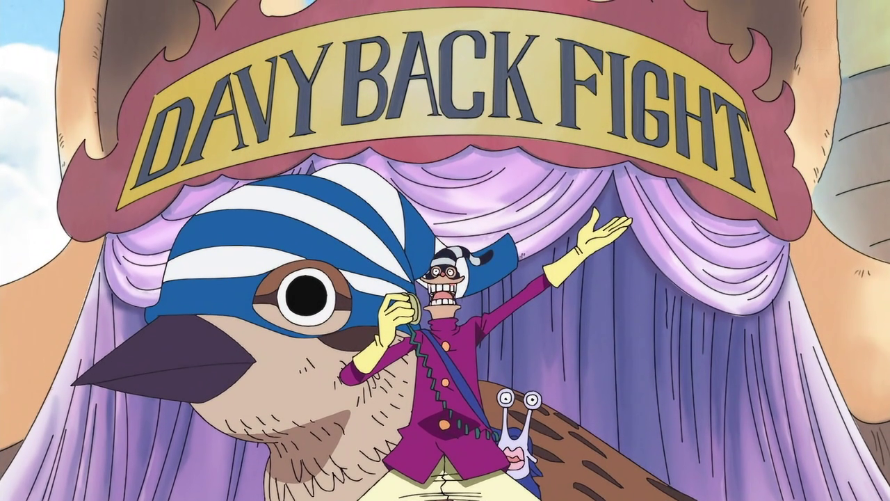 Itomimizu anncounces the start of the Davy Back Fight (Oda, Eiichiro, creator. One Piece. 1999-present. Toei Animation.).