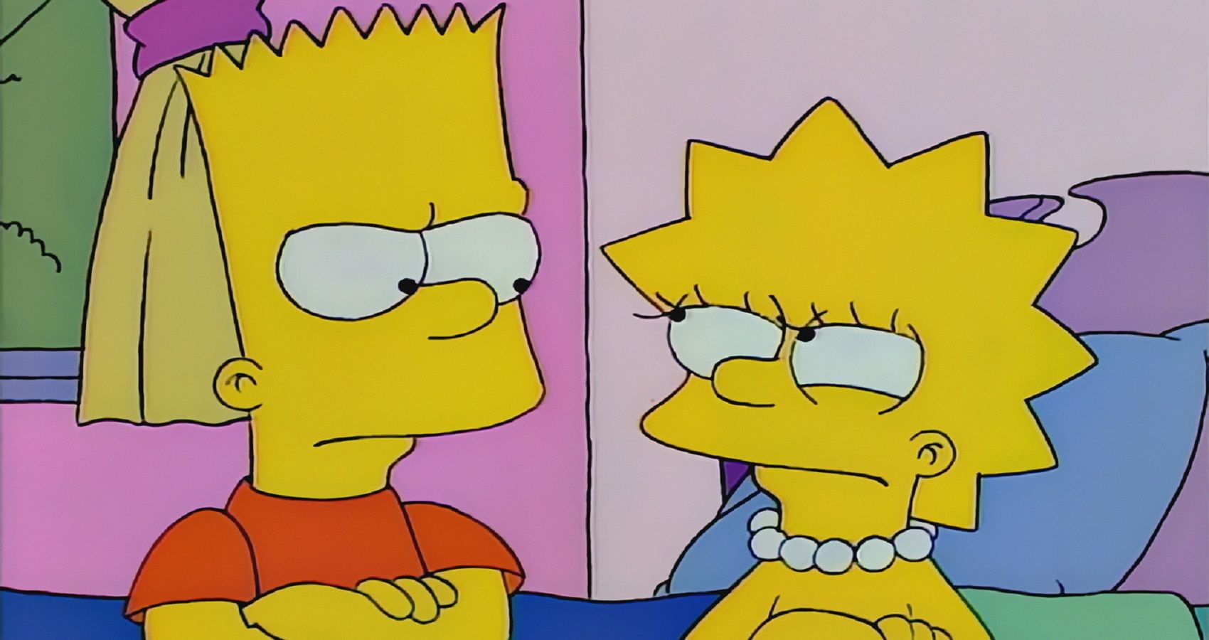 Bart and Lisa Simpson glare at each other with their arms crossed. 