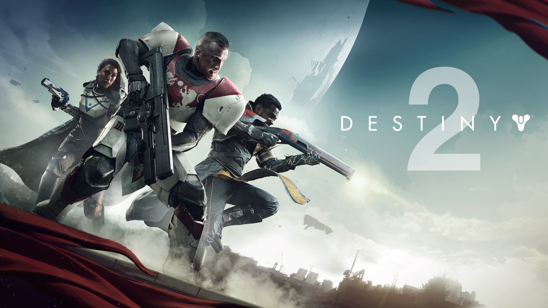 Cover art for "Destiny 2." Three armored soldiers with guns brace for battle.