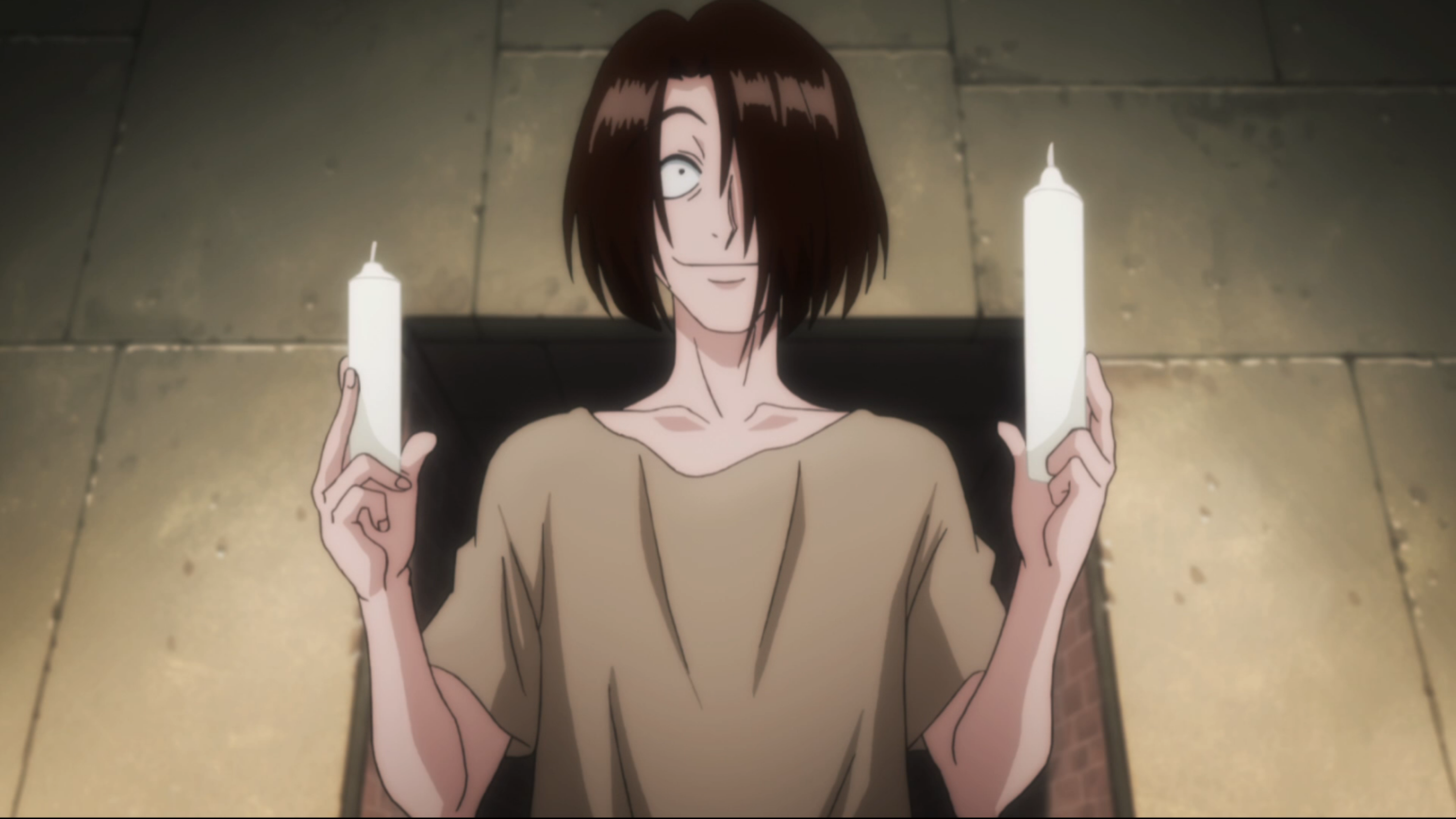 Smiling deviously, Sedokan offers a short candle and a long candle (Togashi, Yoshihiro, creator. Hunter x Hunter. 2011-2014. Madhouse.).