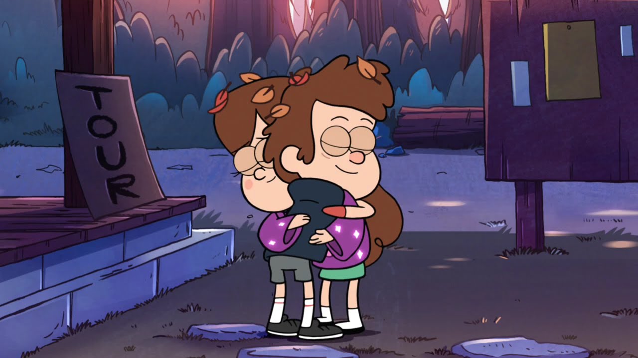 Dipper and Mabel Pines exchange an awkward sibling hug.