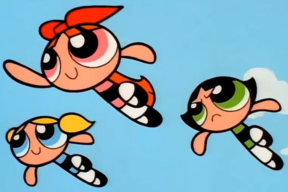 The Powerpuff Girls fly on their way to a mission.