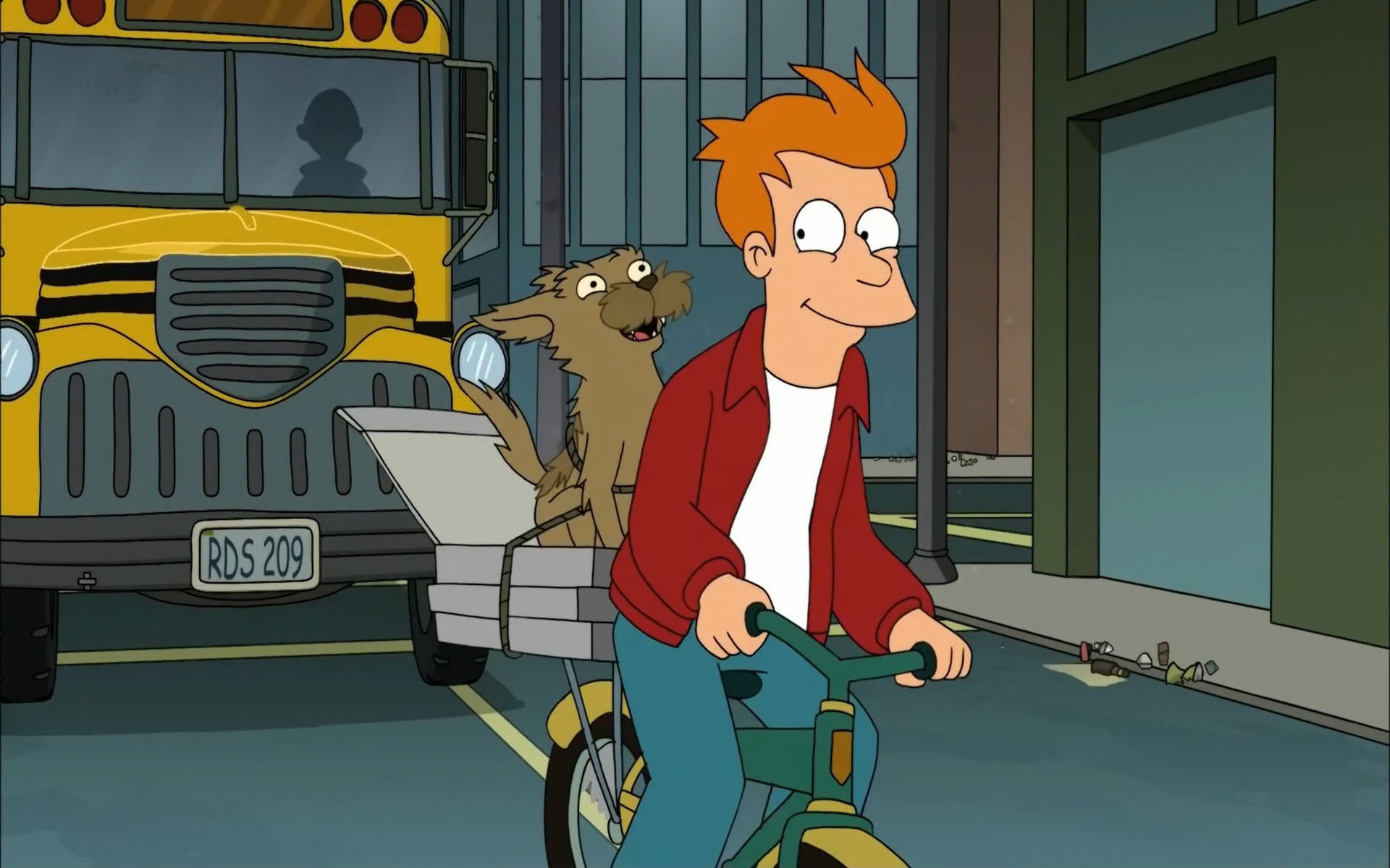 Fry, in his trademark red jacket and jeans, rides his bike on a busy street to deliver the pizzas strapped on the back. His small dog Seymour is secured atop the pizza boxes, smiling as they ride. 