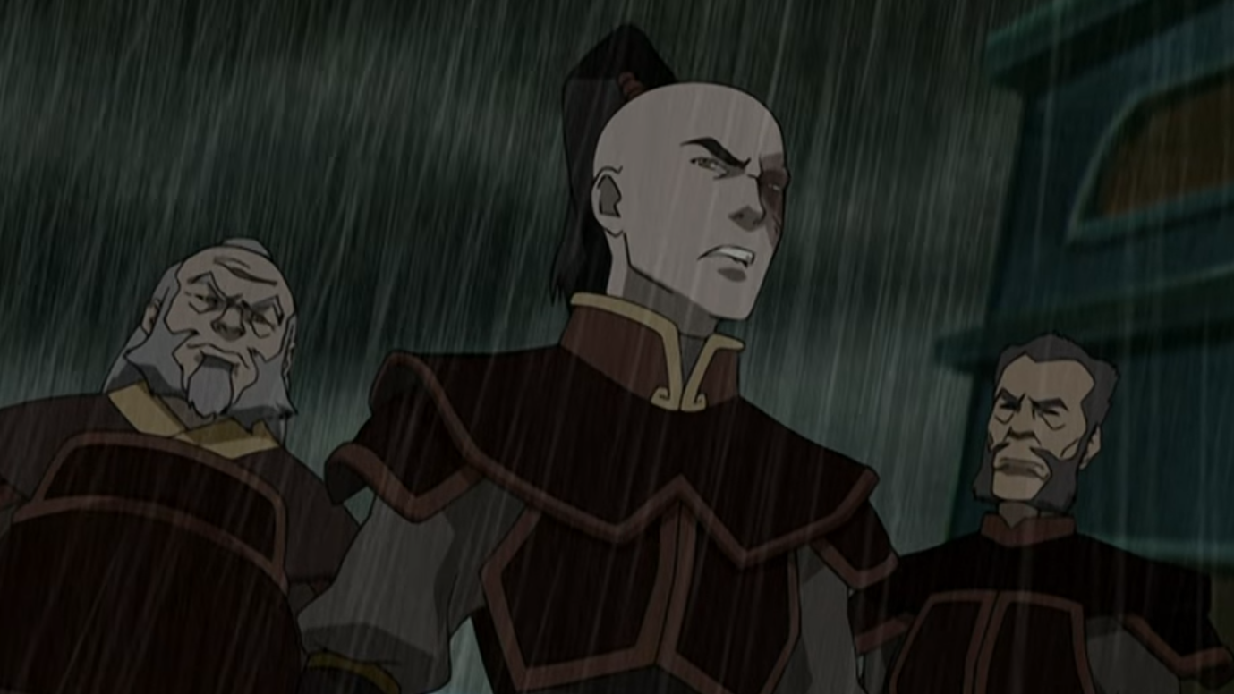 Zuko decides to prioritize the safety of his crew over chasing the Avatar. From left to right: Iroh, Zuko, the captain.